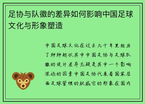 足协与队徽的差异如何影响中国足球文化与形象塑造 足协与队徽的差异如何影响中国足球文化与形象塑造